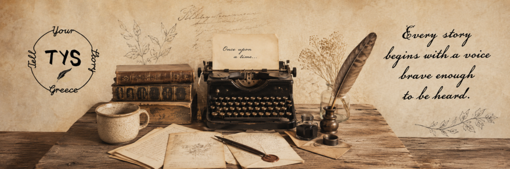 Vintage sepia banner with the Tell Your Story Greece logo, an antique typewriter, old books, handwritten pages, a quill, ink bottle, coffee cup, and the quote “Every story begins with a voice brave enough to be heard.”