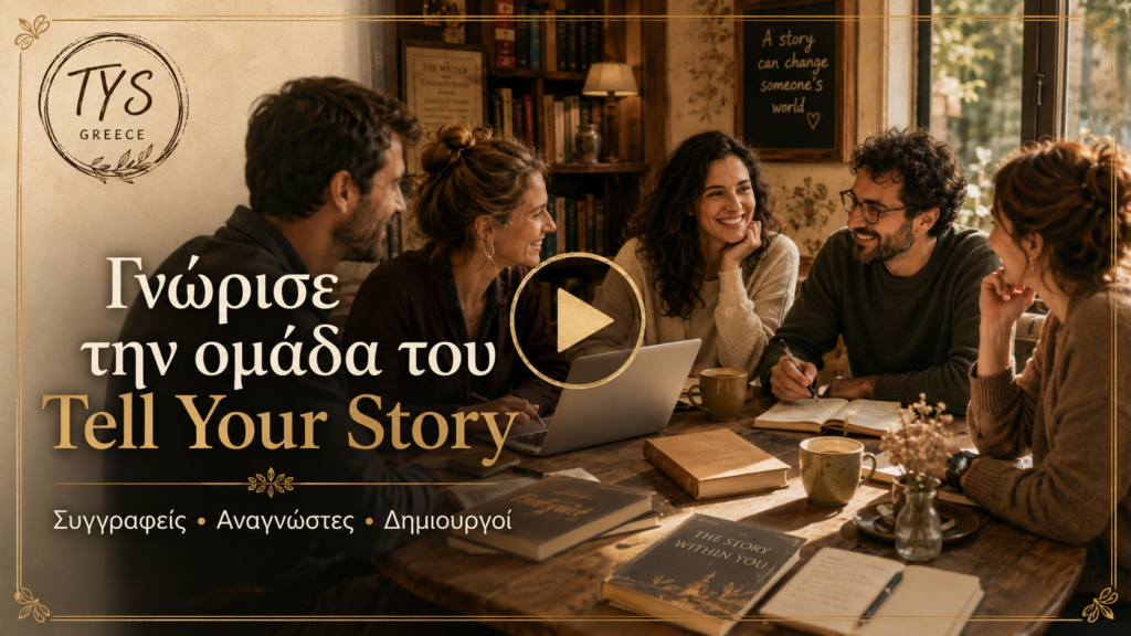 Vintage-style thumbnail showing a group of writers and readers gathered around a table in a warm bookish setting, with the Tell Your Story Greece logo, a play button, and the text “Γνώρισε την ομάδα του Tell Your Story”.
