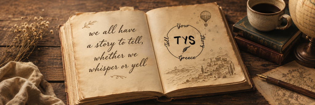 an open book with the tys logo at the right page and the phrase "we all have a story to tell whether we whisper or yell" at the left page